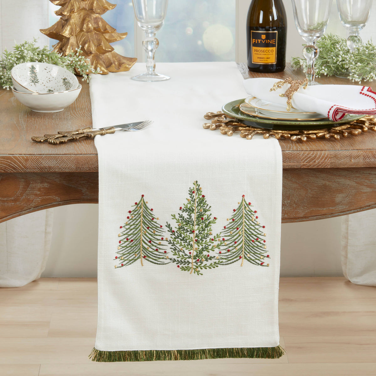 Embroidered Christmas Trees Table Runner: Ivory / 13"x72"