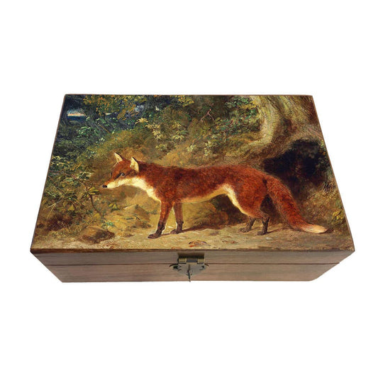 Fox & Feathers Equestrian Vintage Wood Trinket Box: Rustic wood / Medium