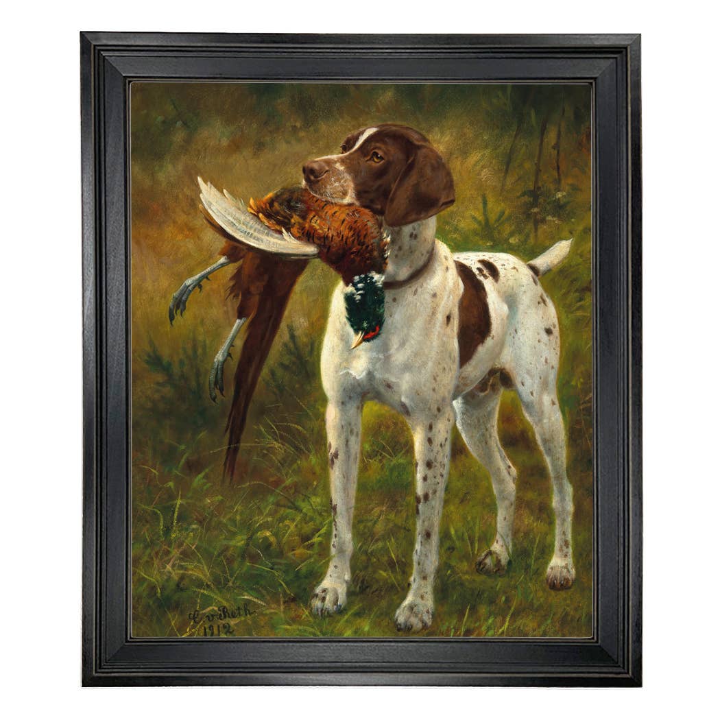English Pointer with Pheasant Painting Print on Canvas: Distressed Black / 5" x 6"