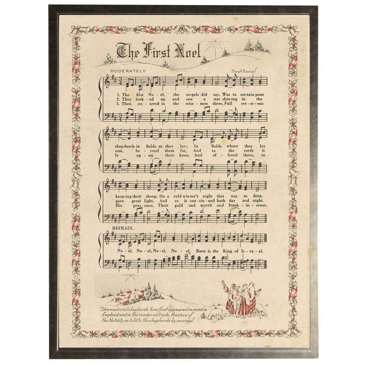 The First Noel hymn with border  in a pewter frame: 12" X 16"