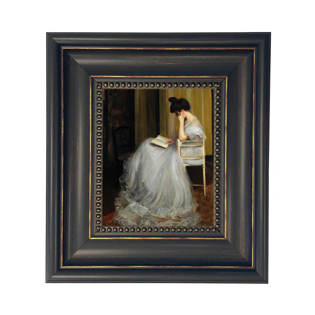 Woman Reading | Vintage Framed Painting Print on Canvas: Antiqued Gold / 5" x 6"