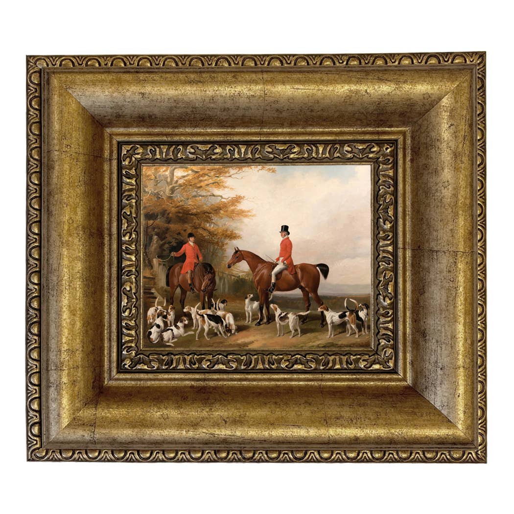 The Meeting Fox Hunt Scene Vintage Painting Print on Canvas: Gold Florentine Leaf / 8" x 10"
