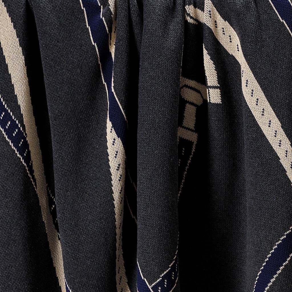 Cotton Sustainable Knit Patterned Throw Blanket - Equestrian Tack: Grey