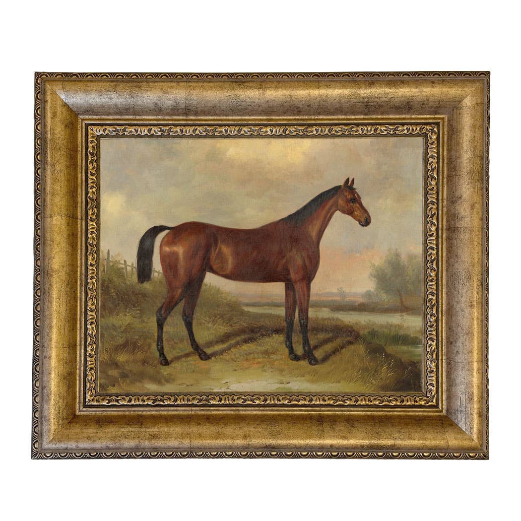 Hunter in a Landscape Vintage Painting Print on Canvas: Gold Florentine Leaf / 8" x 10"