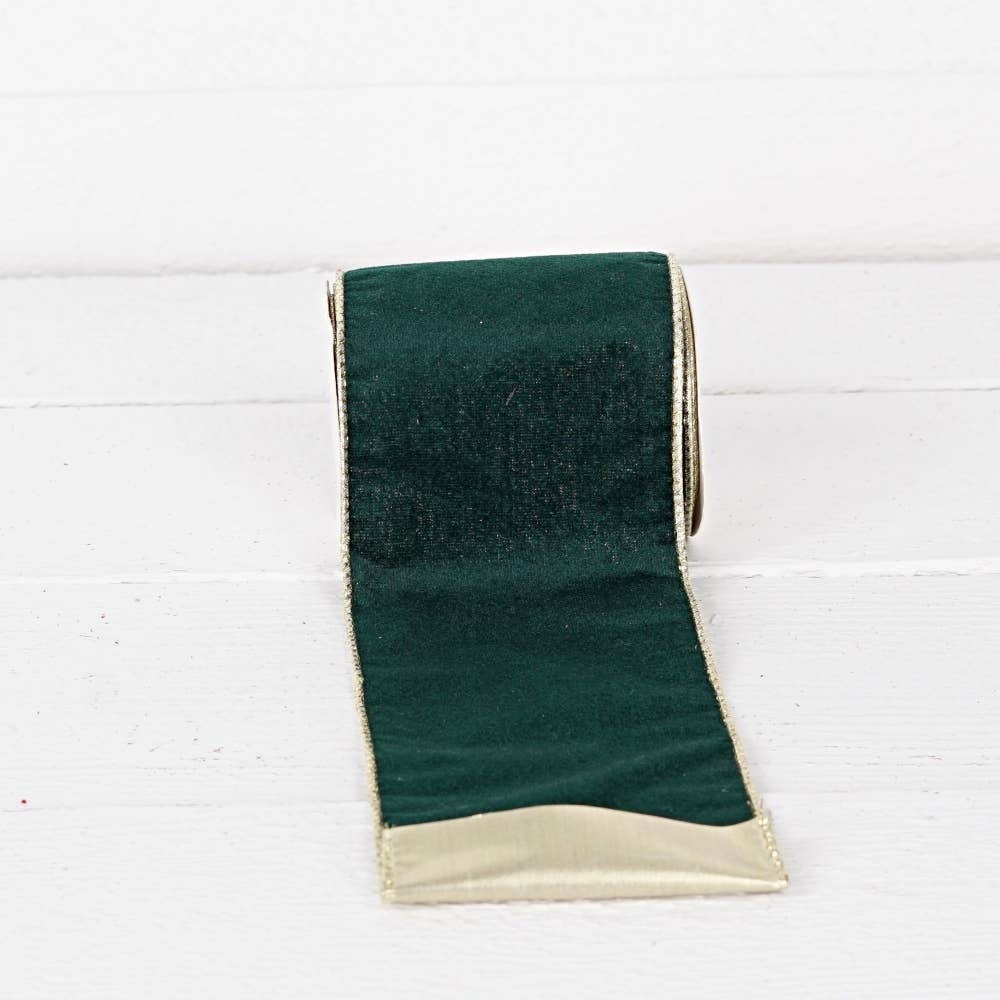 R32987-Wired Ribbon-Green hard velvet w. Gold Back (4inW)