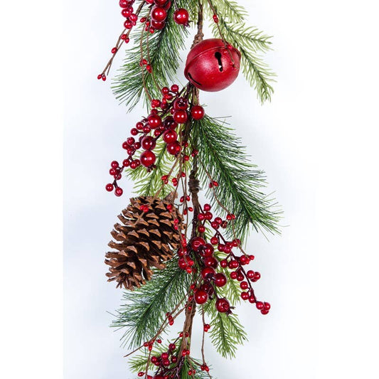 Large Pine Cone & Bell Garland with Berries – 57" Festive De
