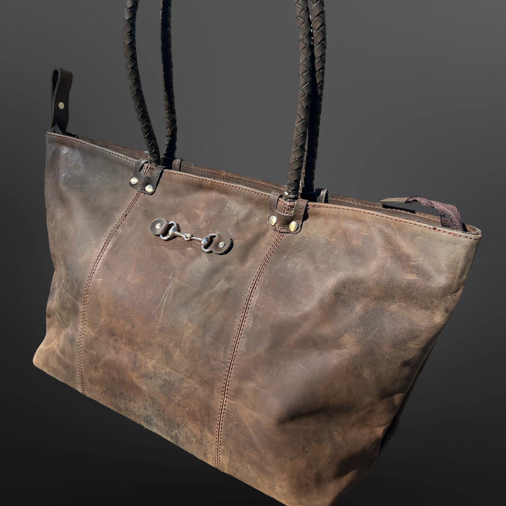 Equestrian Snaffle Bit Newmarket Leather Tote Bag Purse: Distressed Oakbark