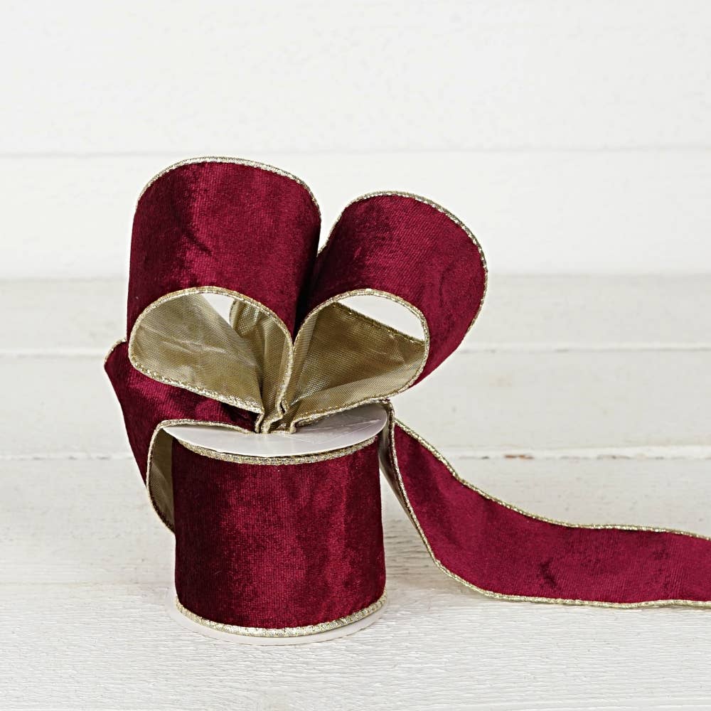 R32941-Wired Ribbon-Burgundy Velvet w. Gold back (2.5inW)