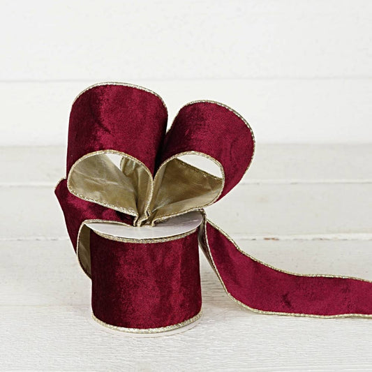 R32941-Wired Ribbon-Burgundy Velvet w. Gold back (2.5inW)