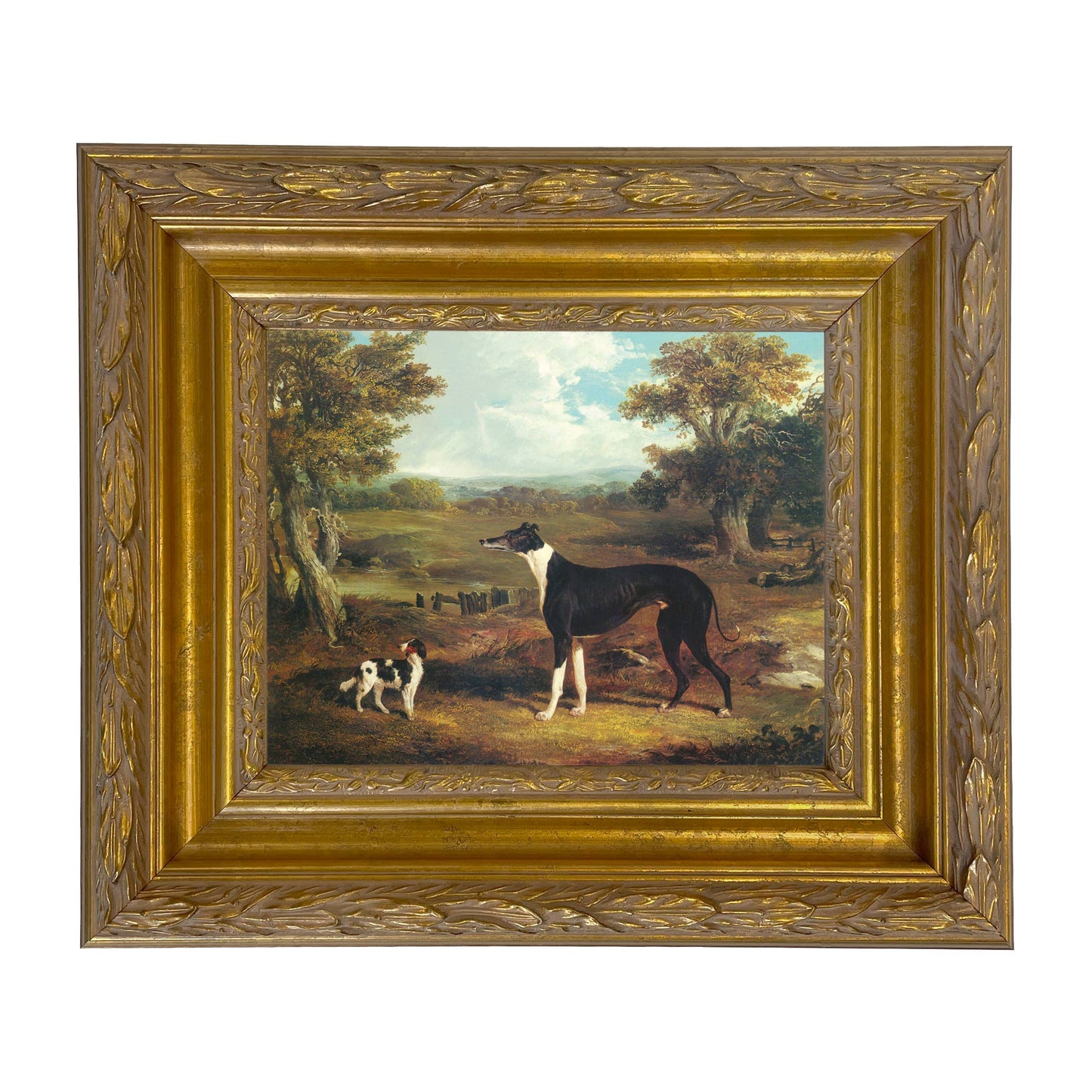 Greyhound and King Charles Spaniel Painting Print on Canvas: Wide Distressed Black/Copper-Bead / 5" x 6"
