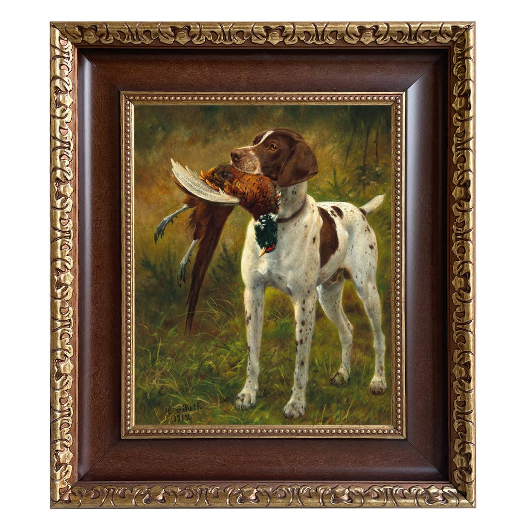 English Pointer with Pheasant Painting Print on Canvas: Distressed Black / 5" x 6"