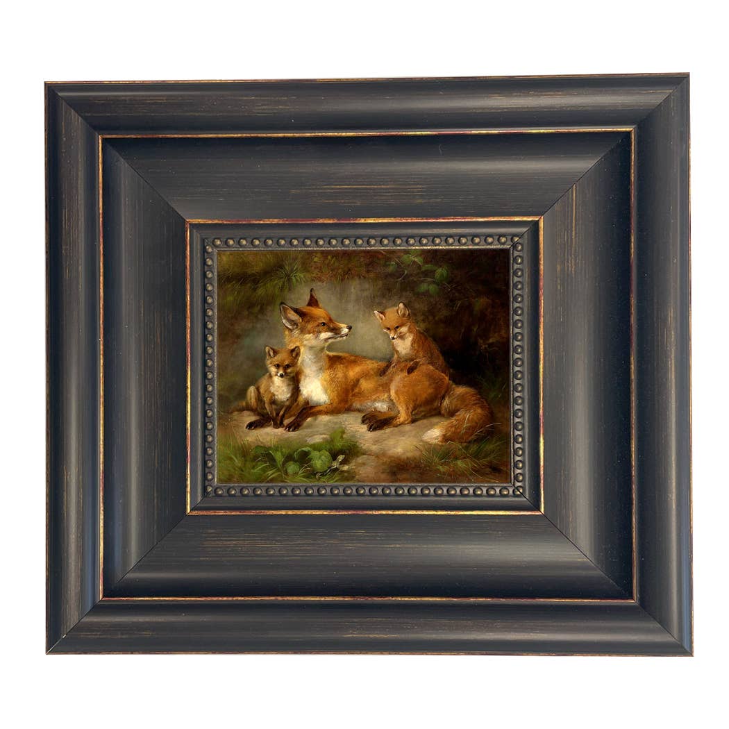 Family of Foxes Vintage Painting Print on Canvas Wall Art: Gold Florentine Leaf / 5" x 6"