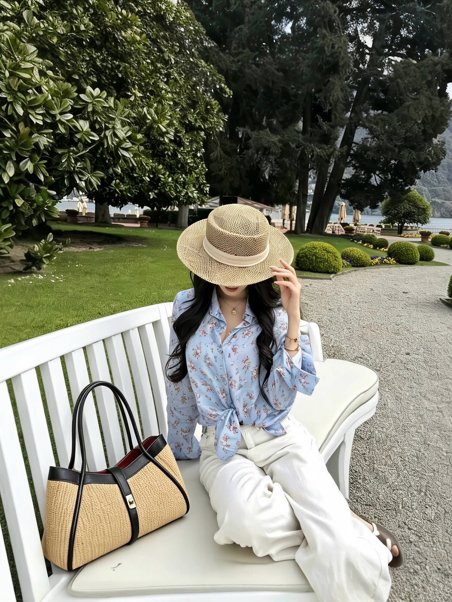 Medium raffia bag with Togo leather details 35x20x15 cm: Cognac