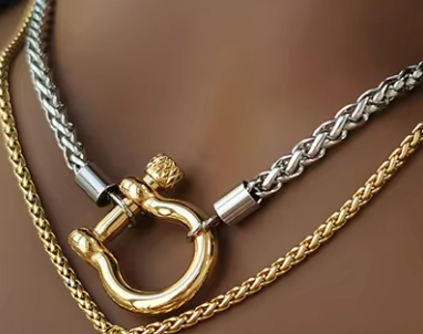 Carabiner horse Bit- Charm-Wheat Chain Stainless Necklace: Yellow Gold