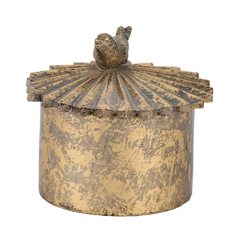5x5x4" Resin Antique Gold Trinket Box with Bird Accents
