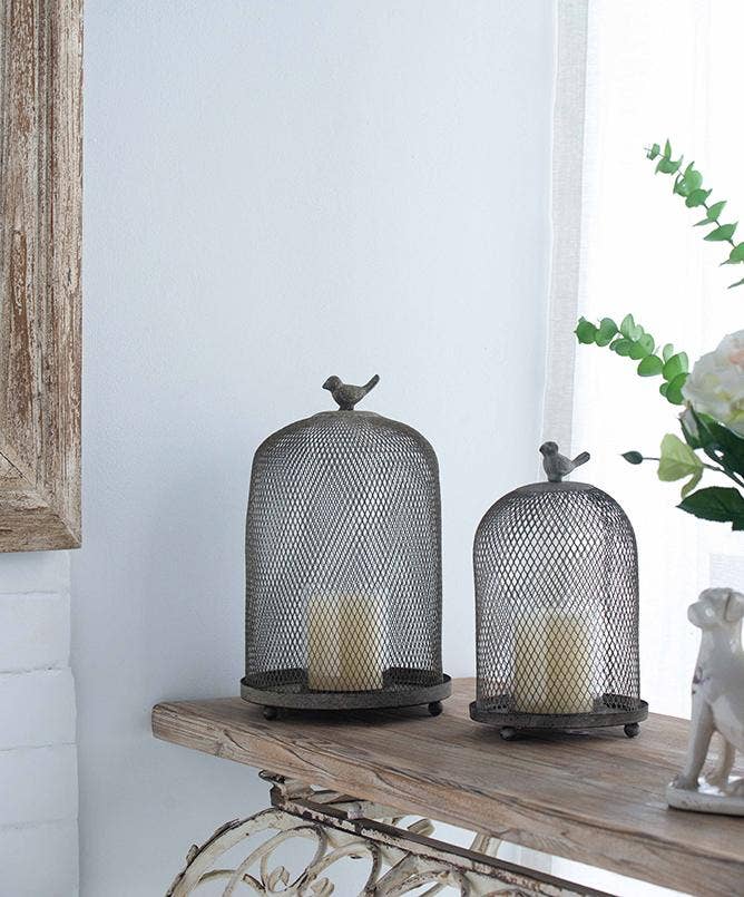 S/2 Sparrow Antique Mesh Candle Holders - Gray