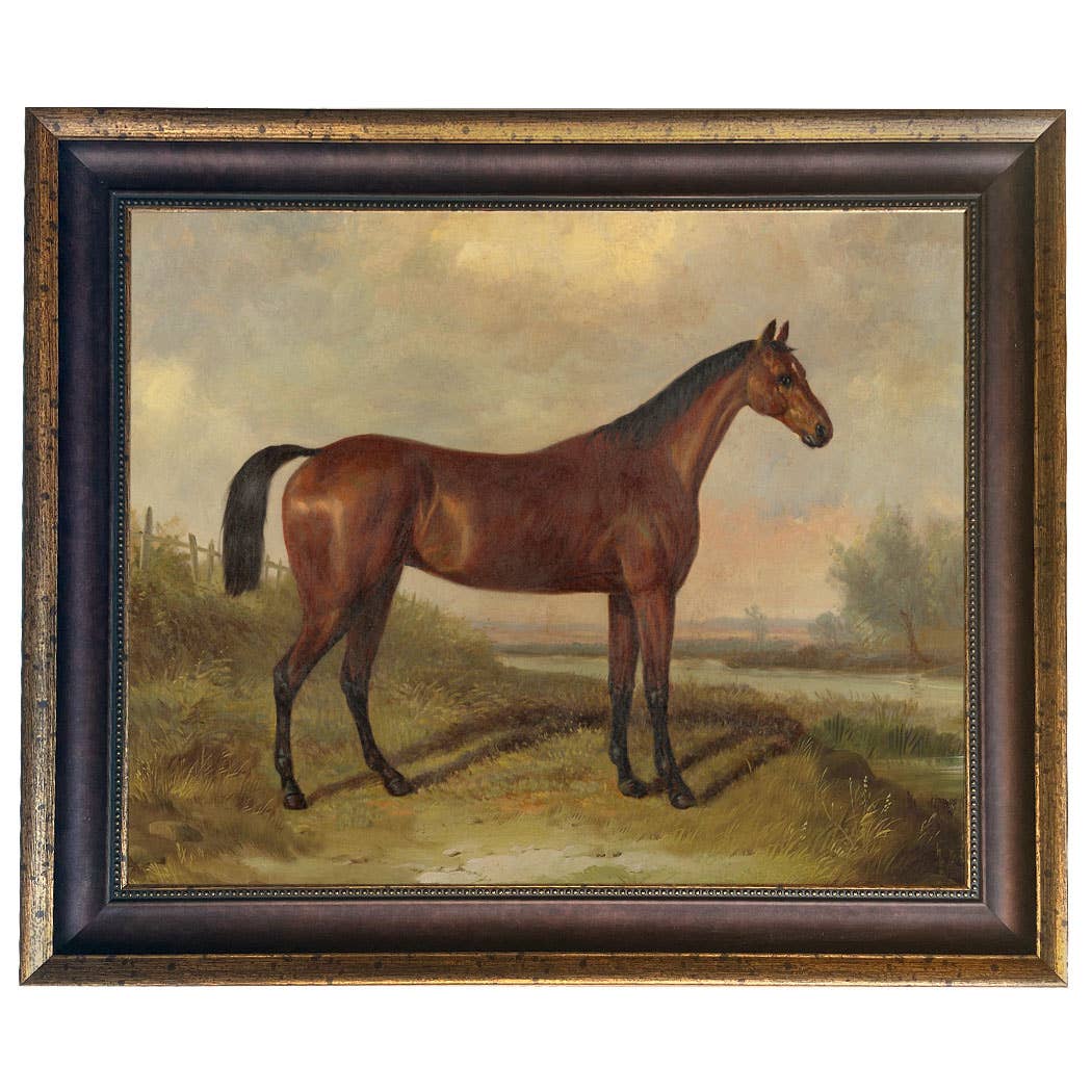 Hunter in a Landscape Vintage Painting Print on Canvas: Gold Florentine Leaf / 8" x 10"