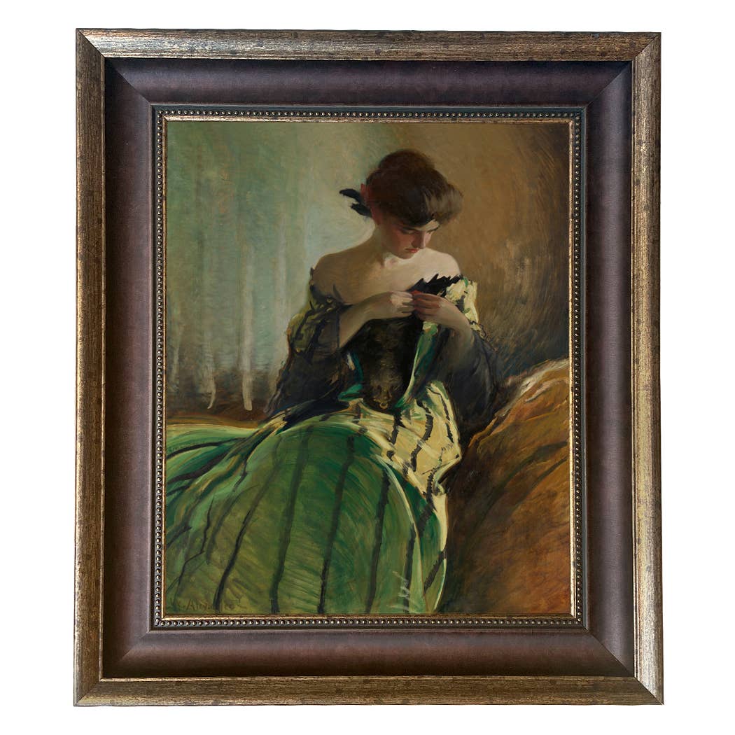 Woman in Black and Green Dress Vintage Canvas Painting Print: Ornate Antiqued Gold / 8" x 10"
