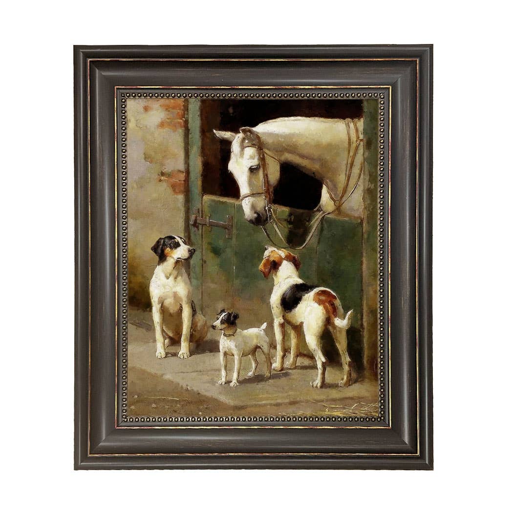 Dog and Horse at Stable Vintage Painting Print on Canvas: Wide Distressed Black/Copper-Bead / 8" x 10"