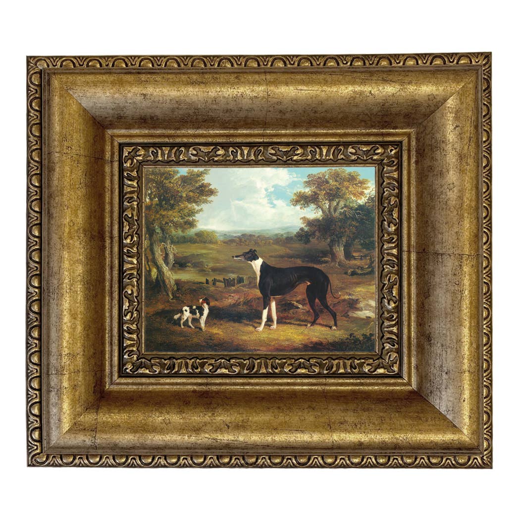 Greyhound and King Charles Spaniel Painting Print on Canvas: Wide Distressed Black/Copper-Bead / 5" x 6"