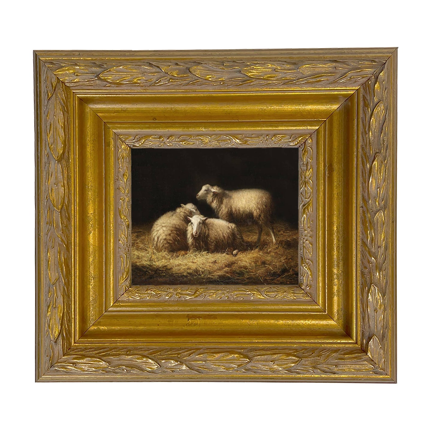 Sheep in the Hay Framed Painting Print on Canvas: Black Distressed / 5" x 6"