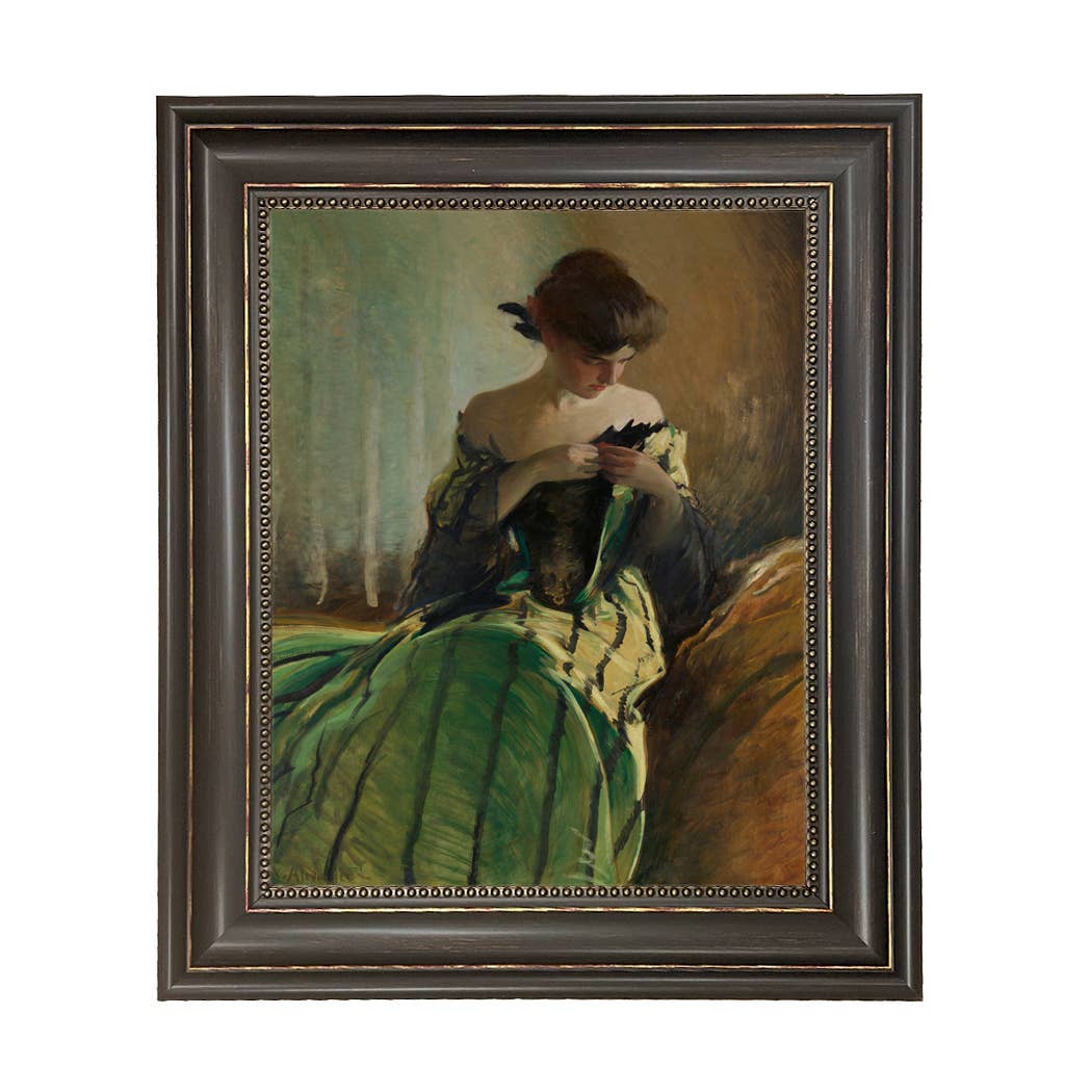 Woman in Black and Green Dress Vintage Canvas Painting Print: Ornate Antiqued Gold / 8" x 10"