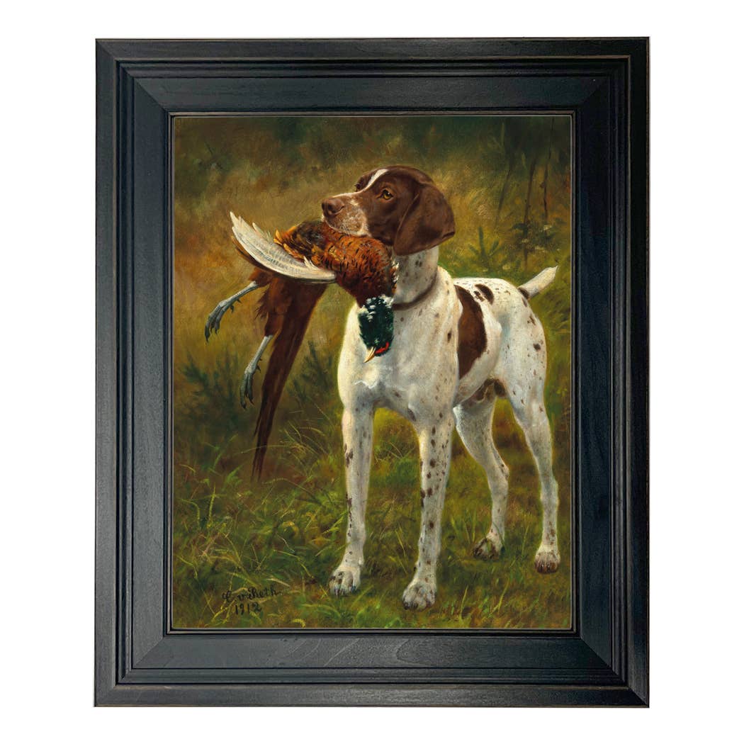 English Pointer with Pheasant Painting Print on Canvas: Distressed Black / 5" x 6"