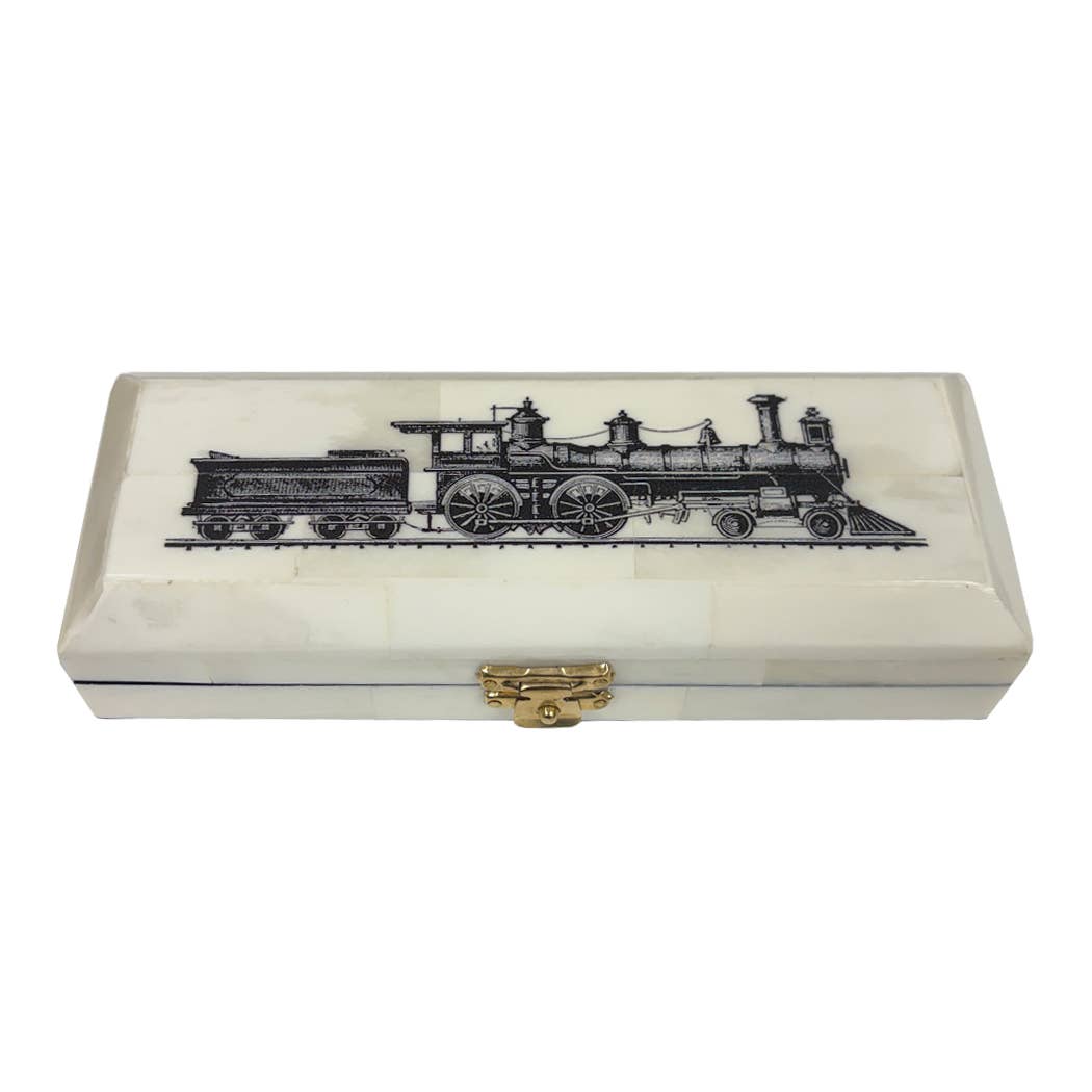 Vintage Train Locomotive Bone Postage Stamp Tabletop Box