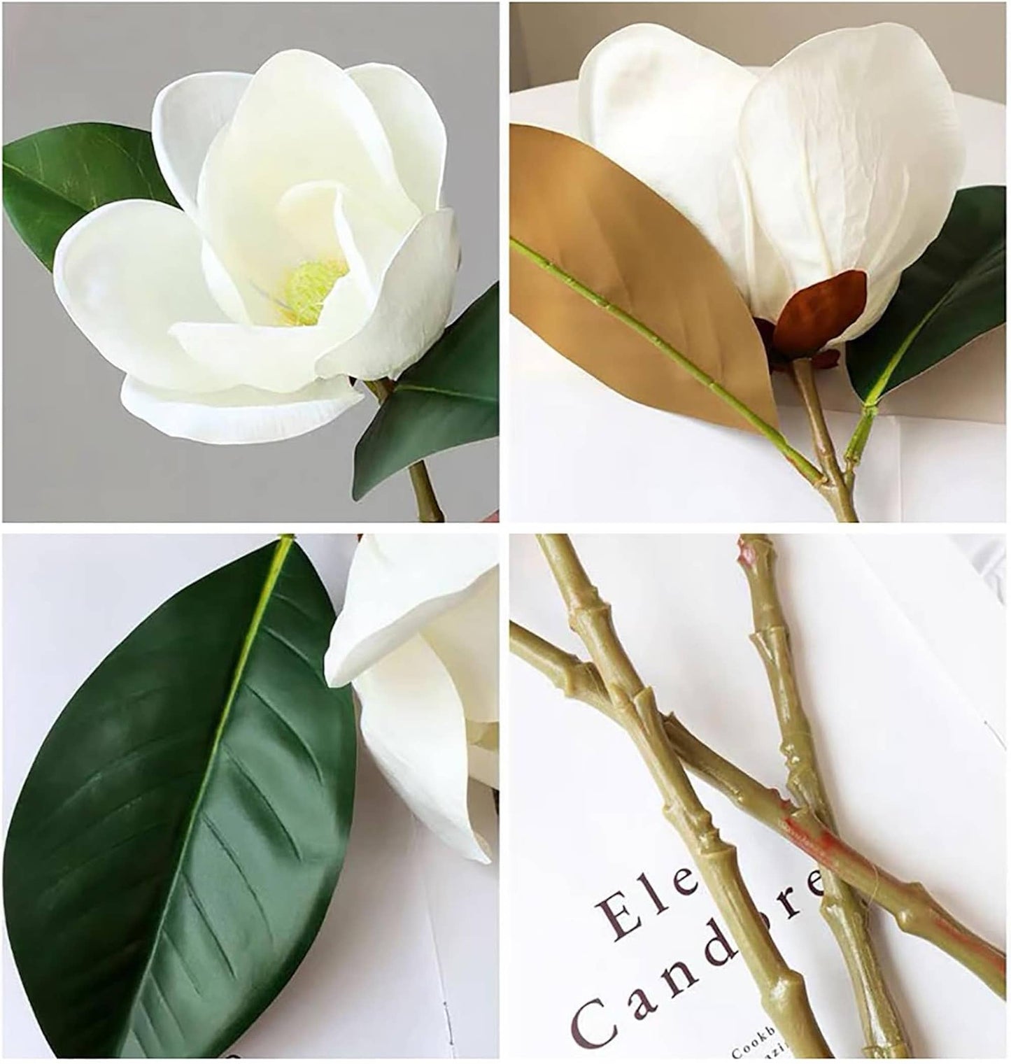 Realistic 6-8"Large bloom Magnolia Flower with Leaves: 15.75"Long