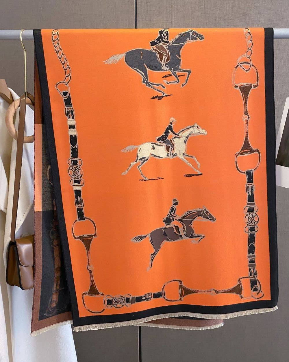 AWST Int'l Hunter Horses Acrylic Cashmere Scarf: Orange