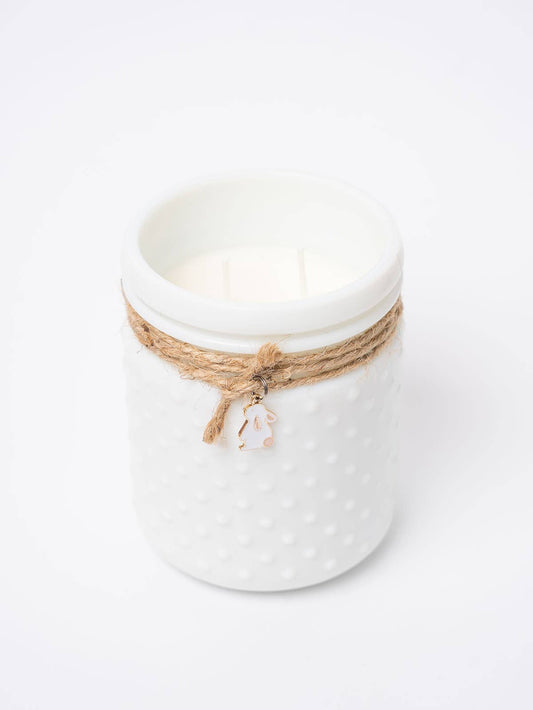 Vintage White Hobnail Candle with Bunny Charm: Fresh Lemon