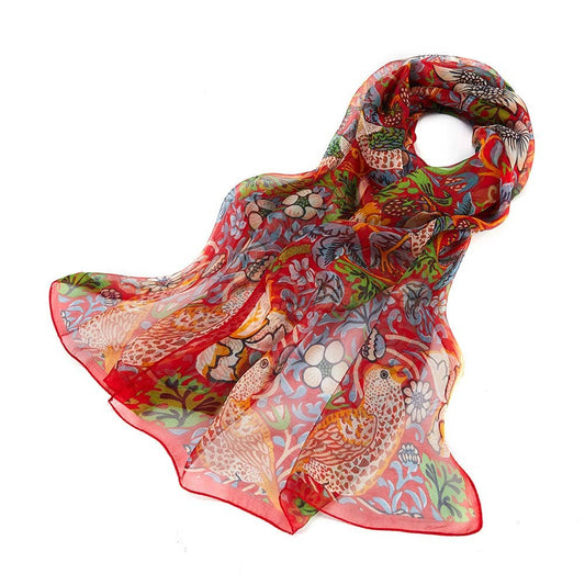 100% Pure Silk William Morris Strawberry Thief Red Art Scarf
