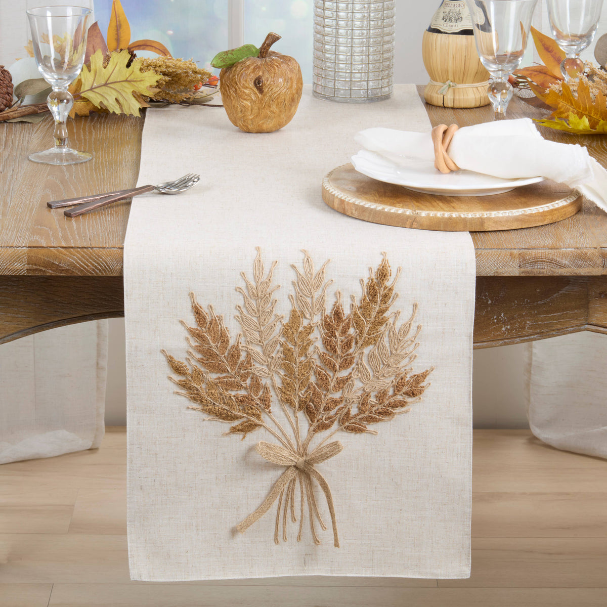 Embroidered Autumn Wheat Linen Blend Table Runner: Natural / 16"x70"
