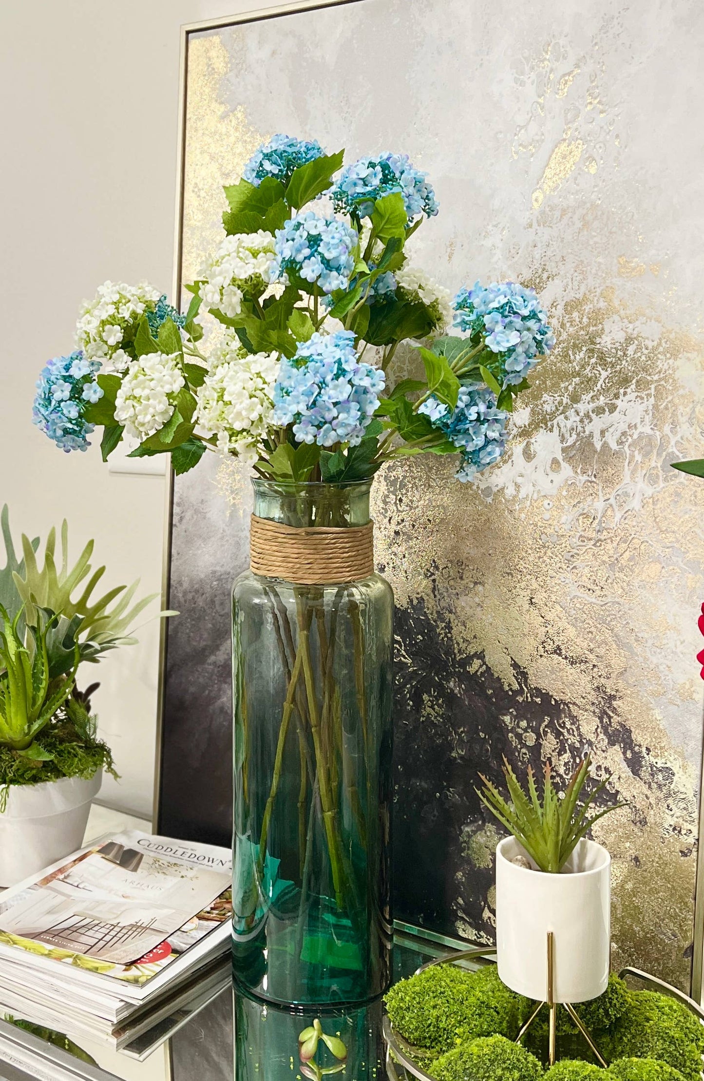 27"-3 Blooms-faux Snowball hydrangea spray: Pale green