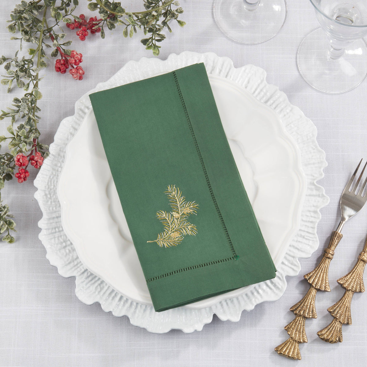 Embroidered Pine Needle Hemstitch Napkin: Jasper Green / 20"