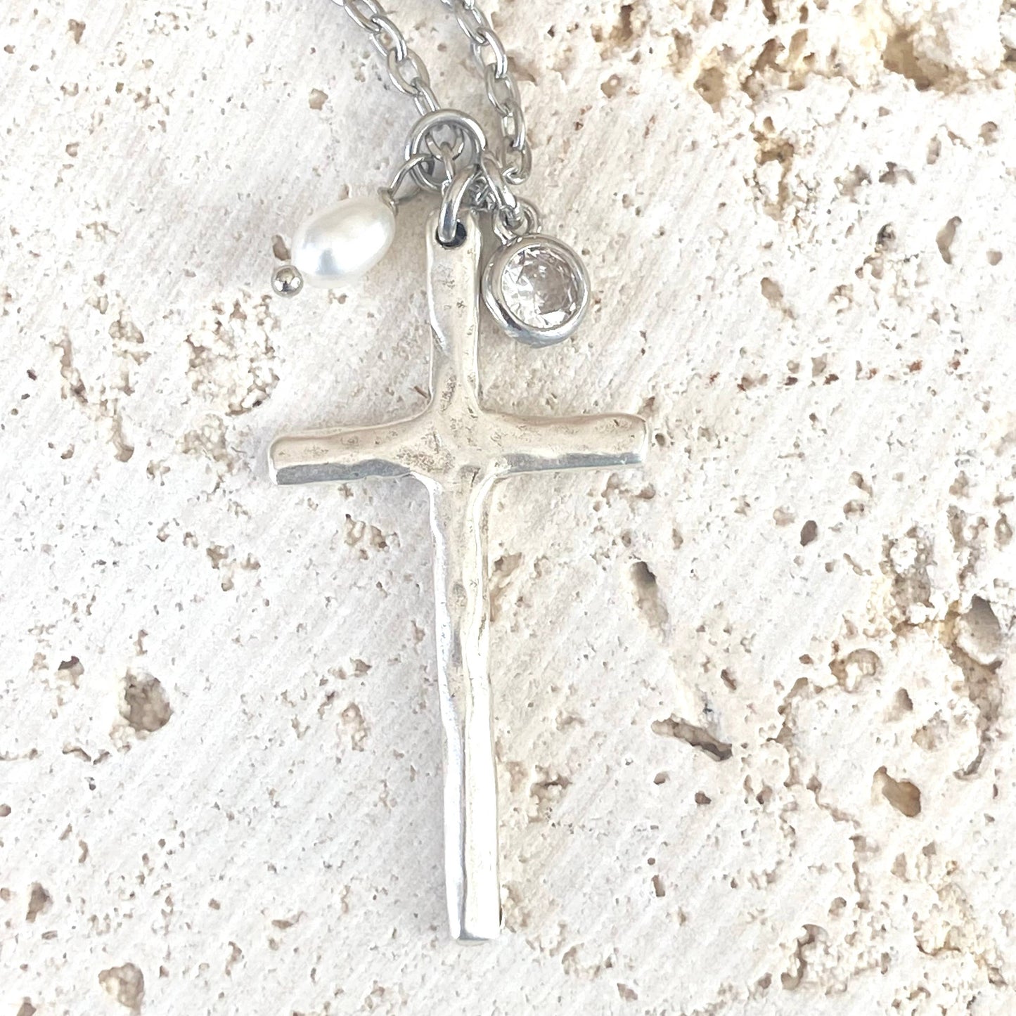 Cross necklace religious jewelry rustic pearl non tarnishing: Silver
