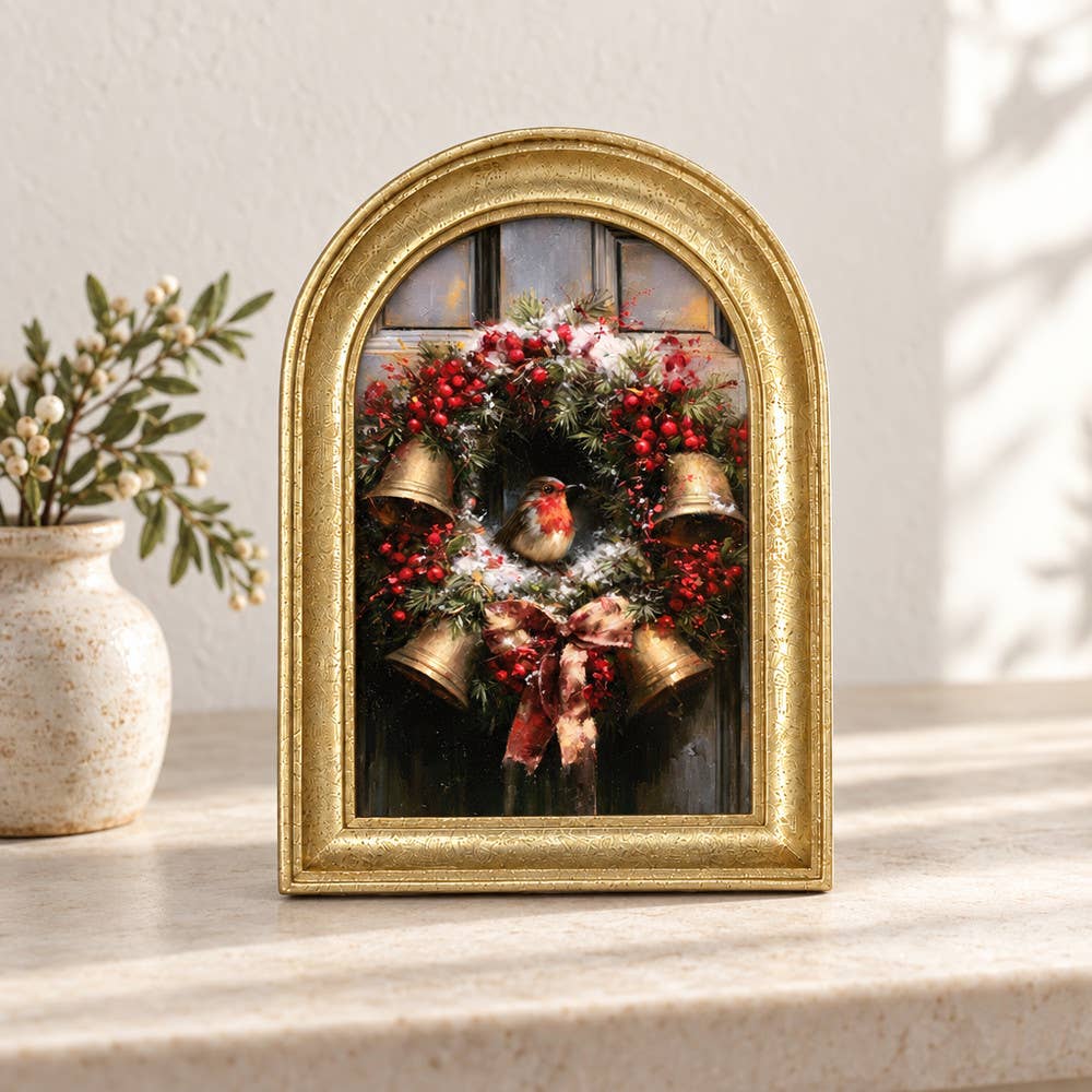 Gold Arch Framed Vintage Style Christmas Robin Art Print