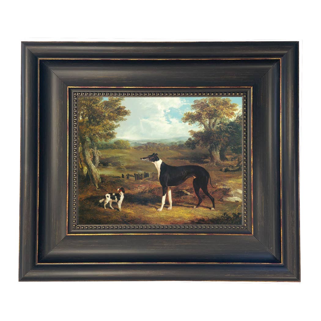 Greyhound and King Charles Spaniel Painting Print on Canvas: Wide Distressed Black/Copper-Bead / 5" x 6"