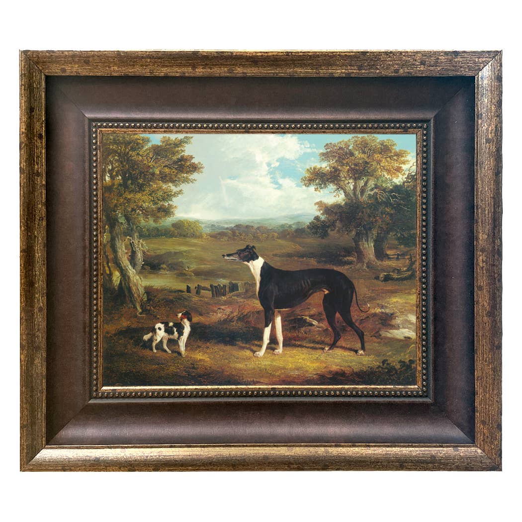 Greyhound and King Charles Spaniel Painting Print on Canvas: Wide Distressed Black/Copper-Bead / 5" x 6"