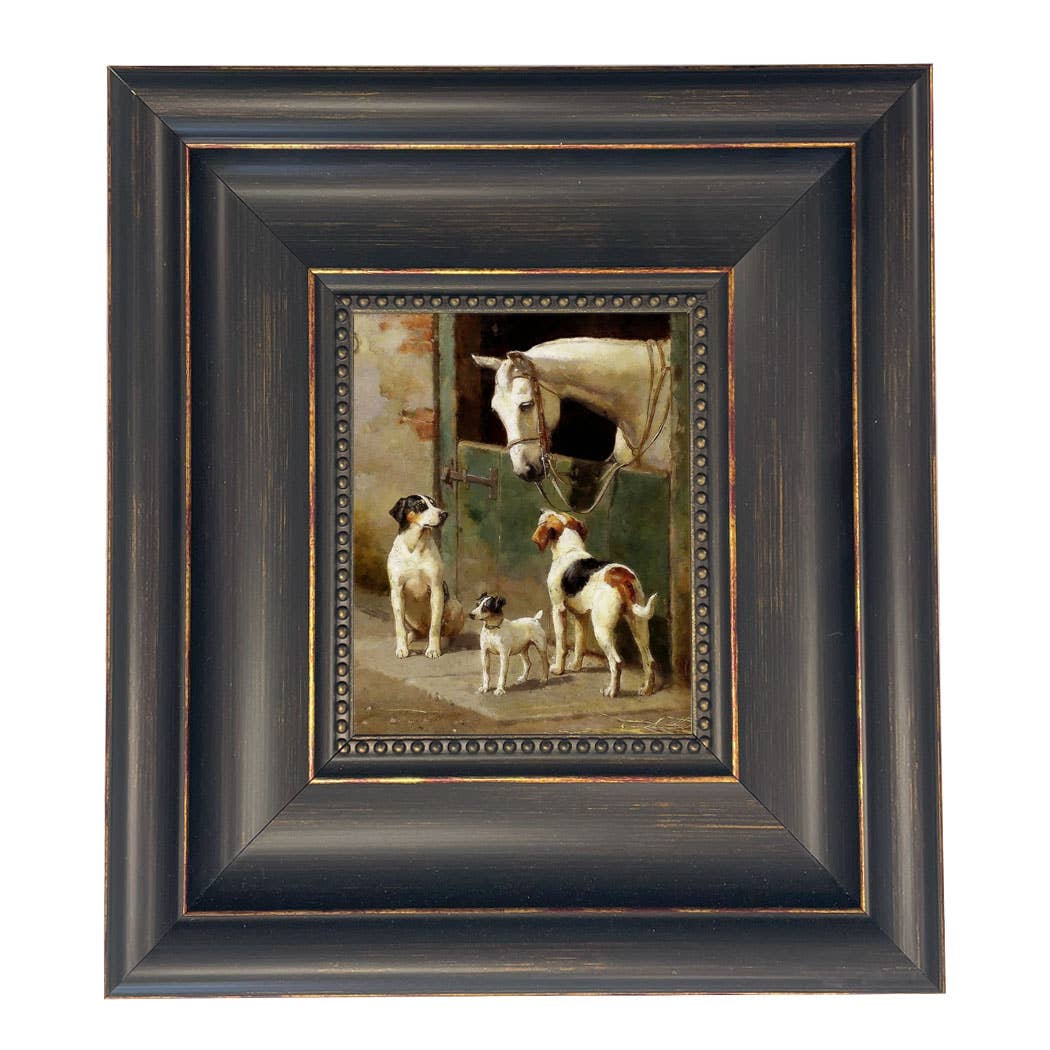 Dog and Horse at Stable Vintage Painting Print on Canvas: Leather-look Black/Antiqued Gold / 5" x 6"