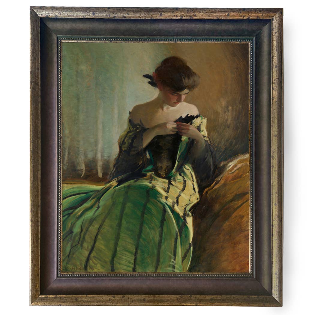 Woman in Black and Green Dress Vintage Canvas Painting Print: Ornate Antiqued Gold / 8" x 10"