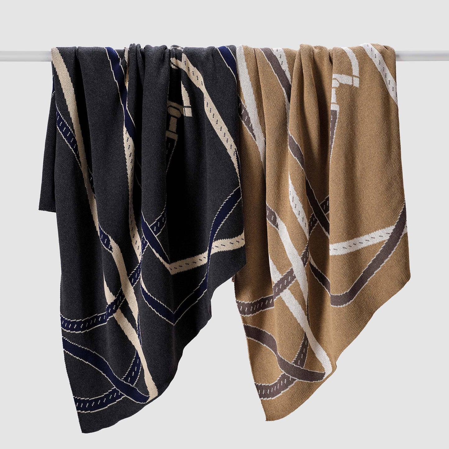 Cotton Sustainable Knit Patterned Throw Blanket - Equestrian Tack: Grey