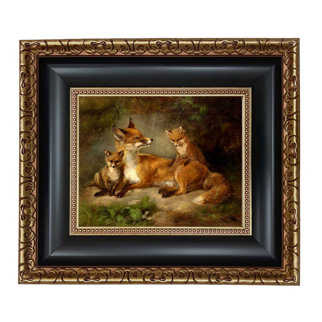 Family of Foxes Vintage Painting Print on Canvas Wall Art: Black Distressed / 5" x 6"
