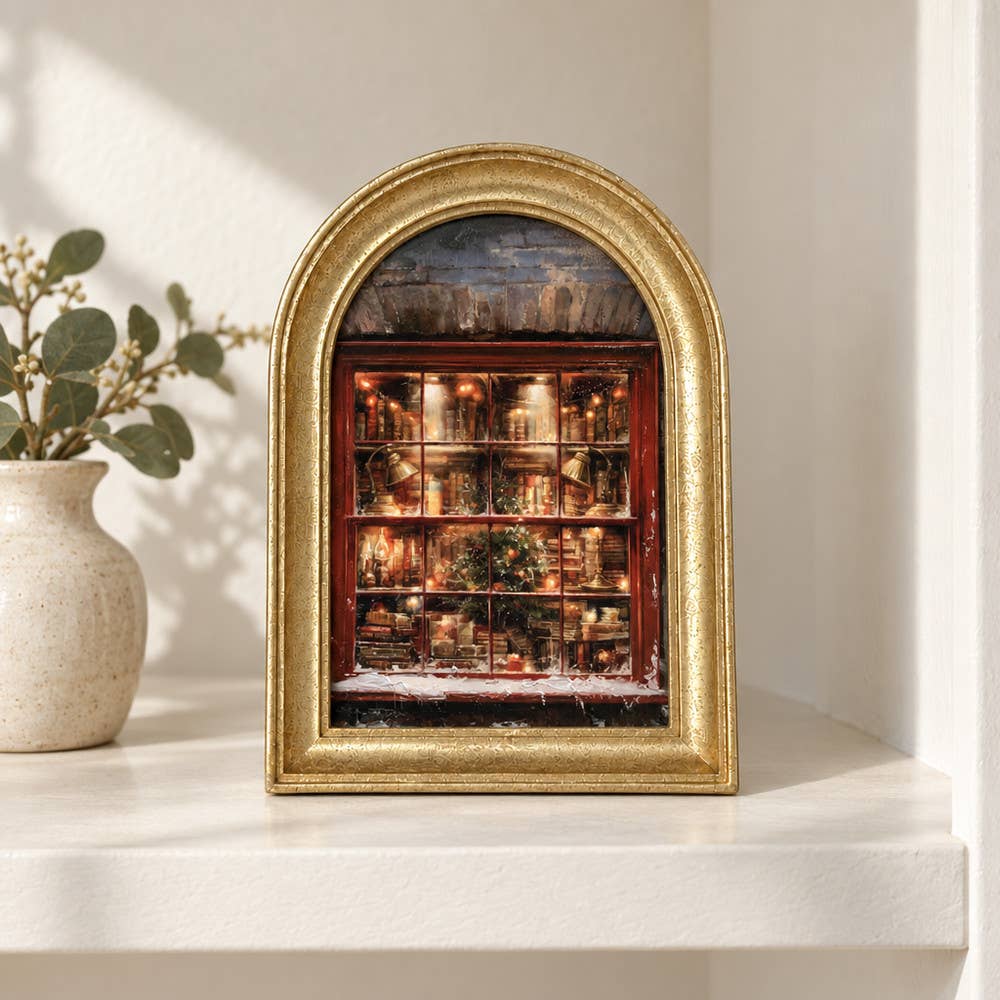 Gold Arch Framed Vintage Style Christmas Bookstore Art Print