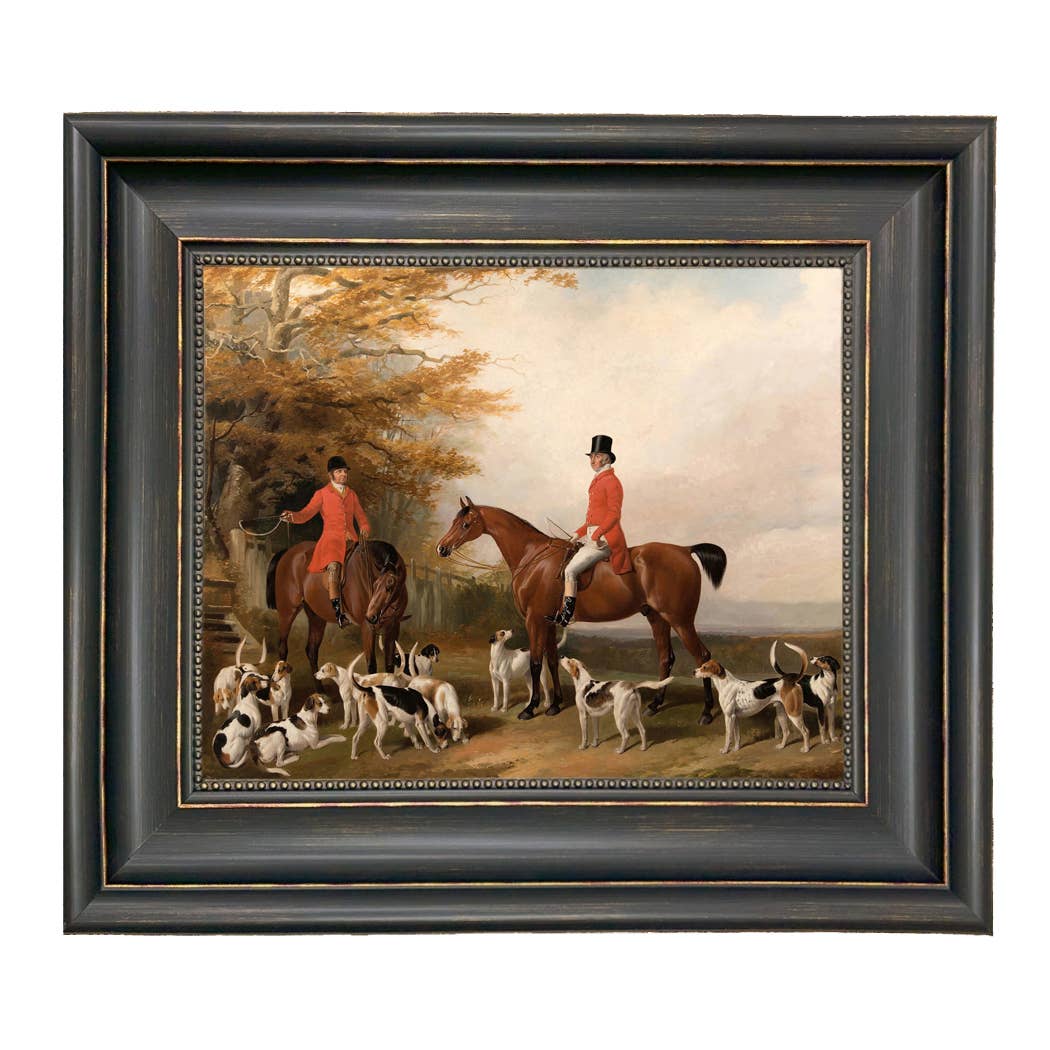 The Meeting Fox Hunt Scene Vintage Painting Print on Canvas: Gold Florentine Leaf / 8" x 10"