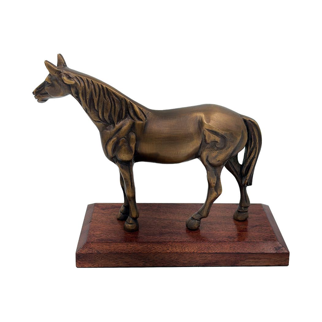 Antiqued Brass Horse on Wood Stand