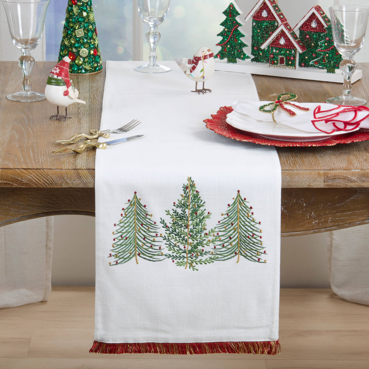 Embroidered Christmas Trees Table Runner: Ivory / 13"x72"