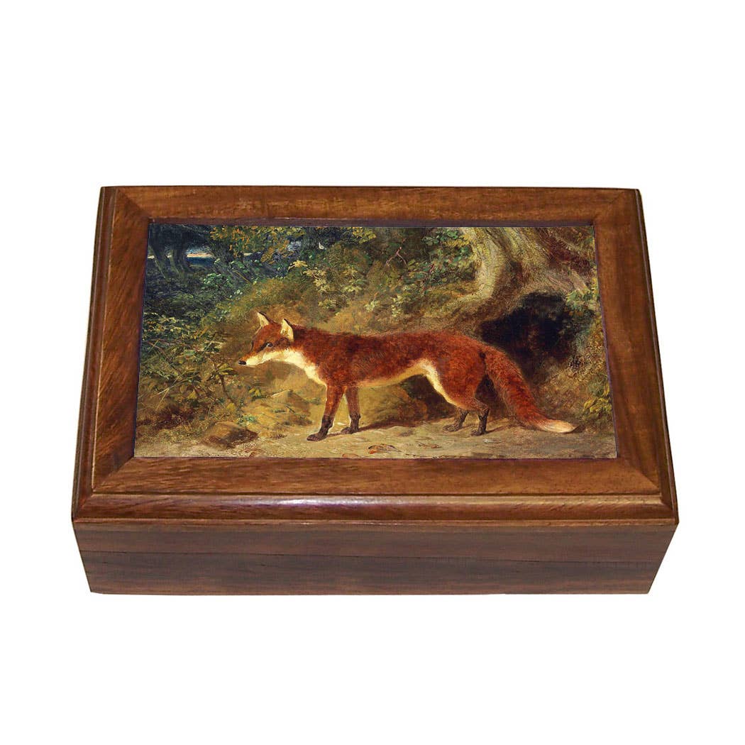 Fox & Feathers Equestrian Vintage Wood Trinket Box: Rustic wood / Medium