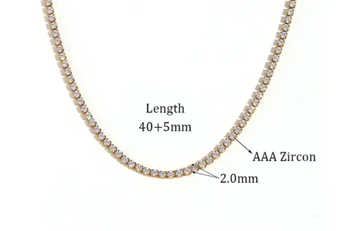 Tennis Necklace. Premium PV plated stainless CZ. : Yellow Gold / 4mm