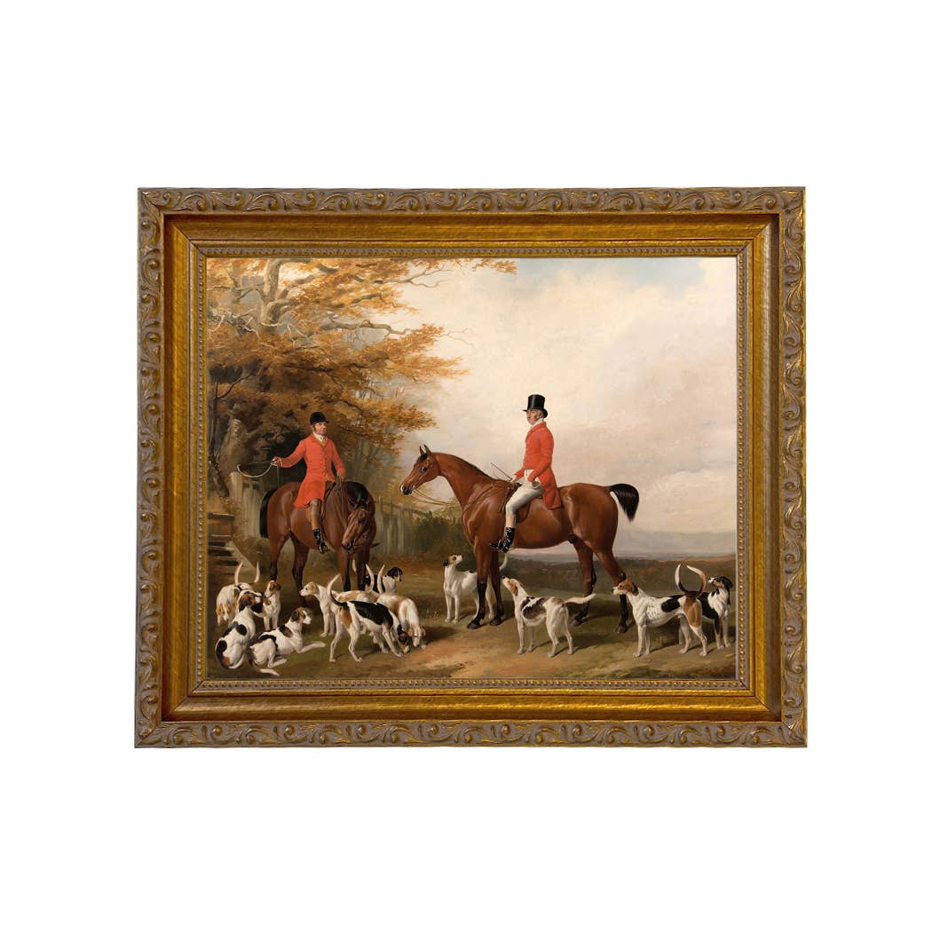 The Meeting Fox Hunt Scene Vintage Painting Print on Canvas: Gold Florentine Leaf / 8" x 10"